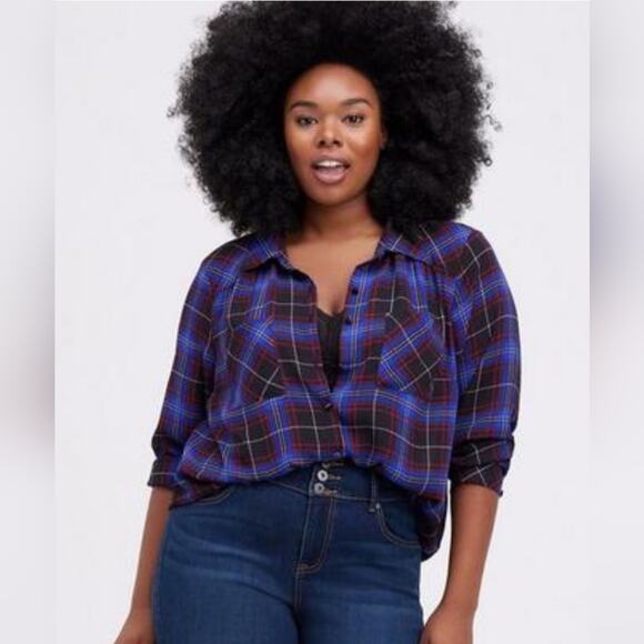 Torrid MADISON GEORGETTE Plaid Blue Blouse Womens 1X Long Sleeve cabincore comfy - Picture 2 of 13